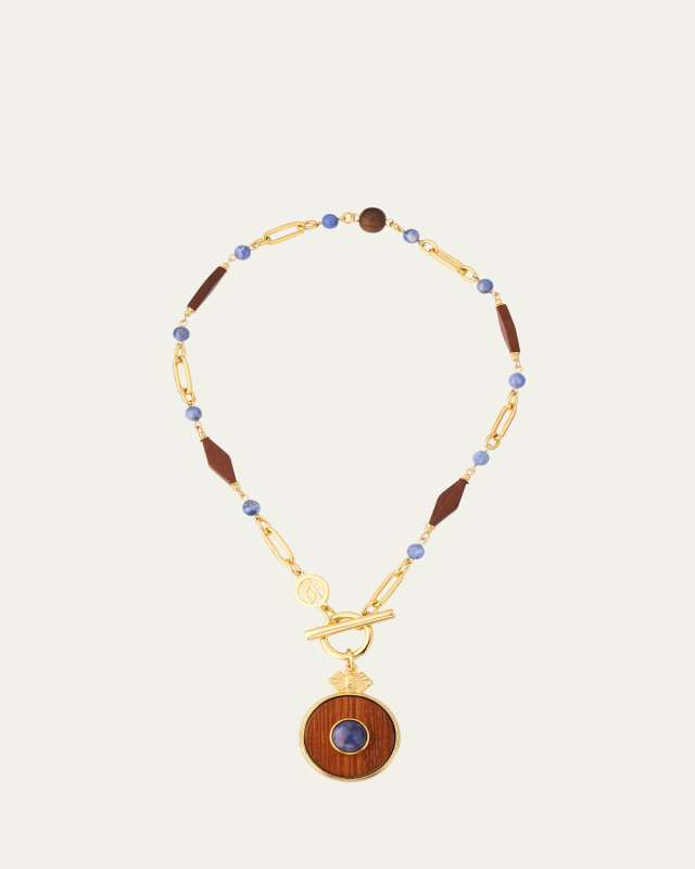Gold Plated Chain Necklace with Wood Pendant and Blue Semi Precious Stones, 16"L